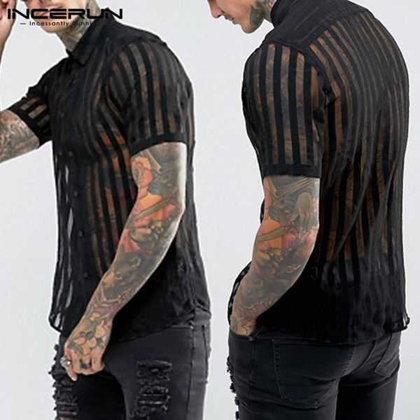 

2019 new fashion see through striped men shirt dress lapel neck short sleeve men transparent party nightclub shirt 5xl, White;black