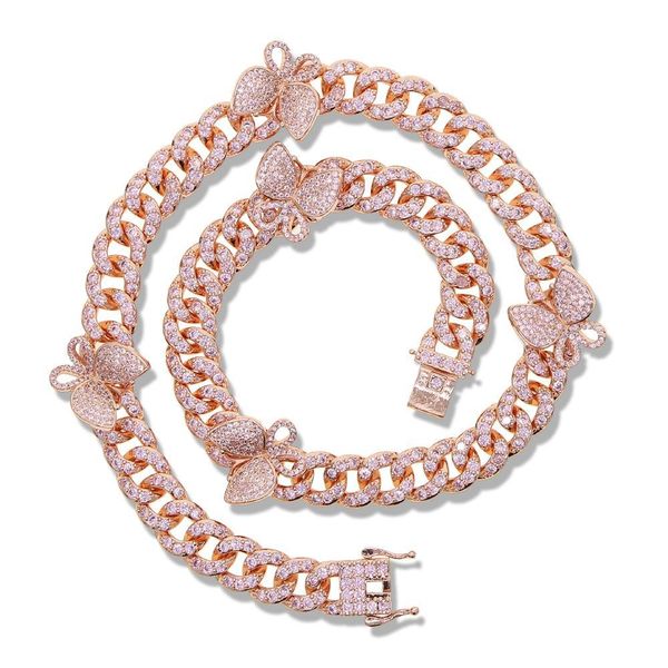 

10mm iced out rose pink cz miami cuban link chain butterfly necklace choker cz luxury bling bling necklace women hip hop jewelry, Silver