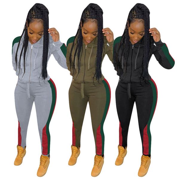 

женщины весна tracksuit с длинным рукавом с капюшоном на молнии куртка пальто + красный зеленый полосатые штаны поножи спортивная лоскутная, Gray