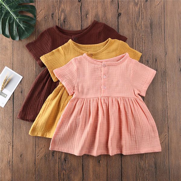 

kids summer pure color baby girls 6m-3t cotton linen dress fashion plain short sleeve mini sundress party a-line vestido clothes, Red;yellow