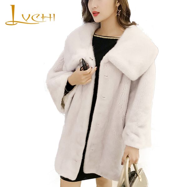 

lvchi winter 2019 nine quarter real coat women's natural fur batwing sleeve mink coat turn-down collar long mink coats, Black