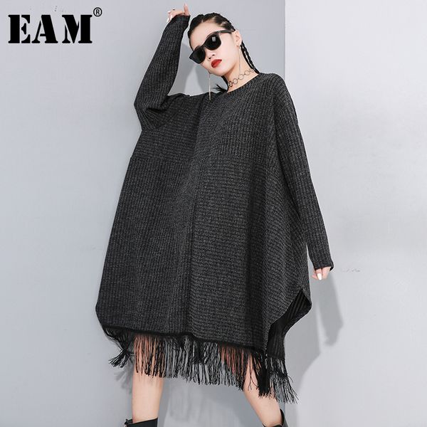 

eam] сыпучие fit черный кисточки крупногабаритные толстовка новый раунд шеи длинным рукавом женщины большой размер мода tide весна 2020 1n4, Black