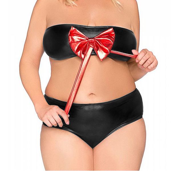 Plus Size Mulheres Faux Leather Brilhante Lingerie Set Big Red Bowknot Sutiã Strapless com Calcinha Low Canties Sexy Summber Bikini Set