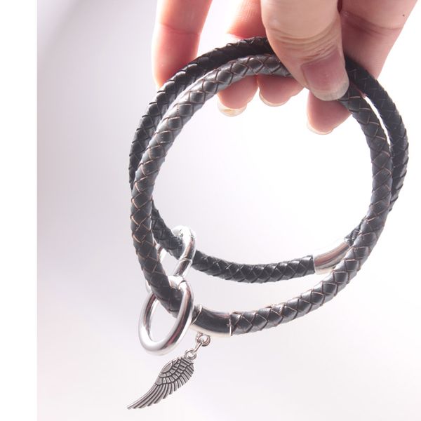 

black genuine leather feather pendant keychain wristlet diy circle cute key ring wrist strap keychain wholesale for women girl, Silver