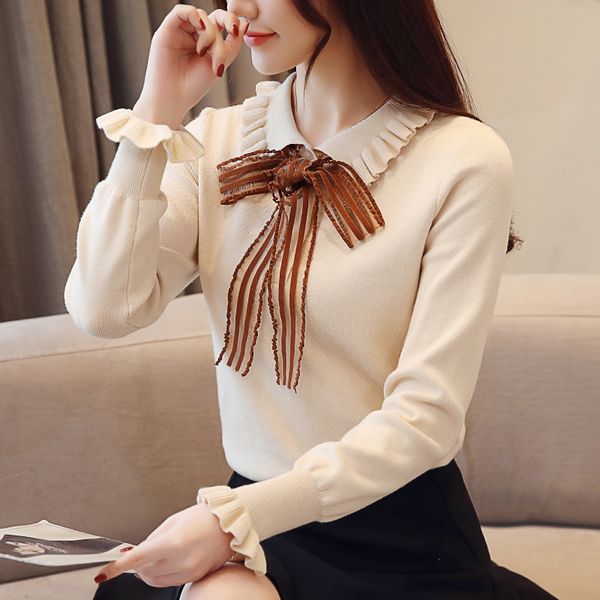 

fashion autumn sweater women knitted sweaters korean woman patchwork sweater plus size sueter mujer invierno woman bow sweaters, White;black
