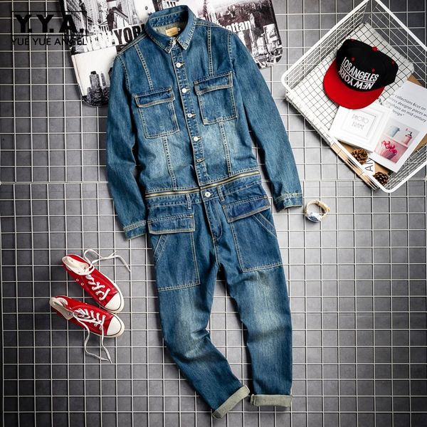 

spring fall mens vintage detachable denim cargo overalls hiphop long sleeve straight pants big size rompers male jumpsuit, Blue
