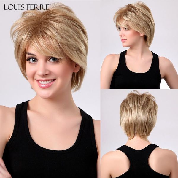 

louis ferre fluffy short wigs for women ombre blonde wigs synthetic straight hair with bangs layered heat resistant fibre, Black