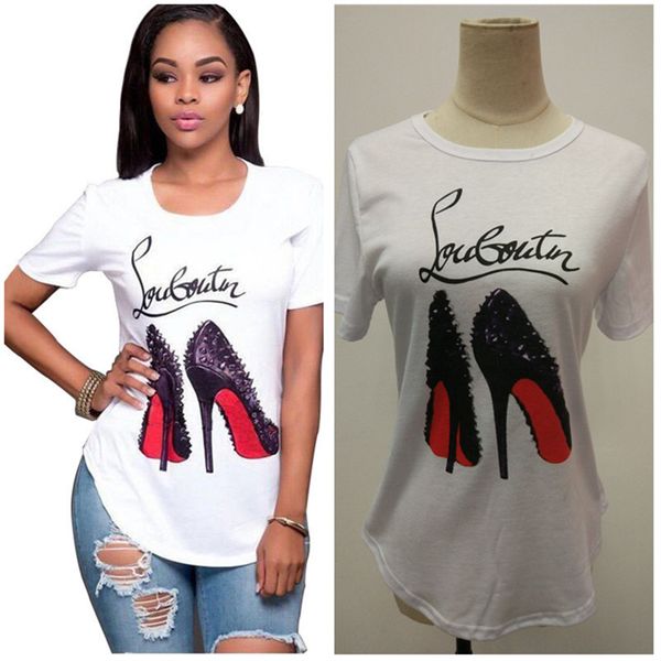 

fashion women t-shirt short sleeve high-heeled shoes printed t shirt summer o-neck t-shirts tees girls tshirts casual street wear s-3xl, White
