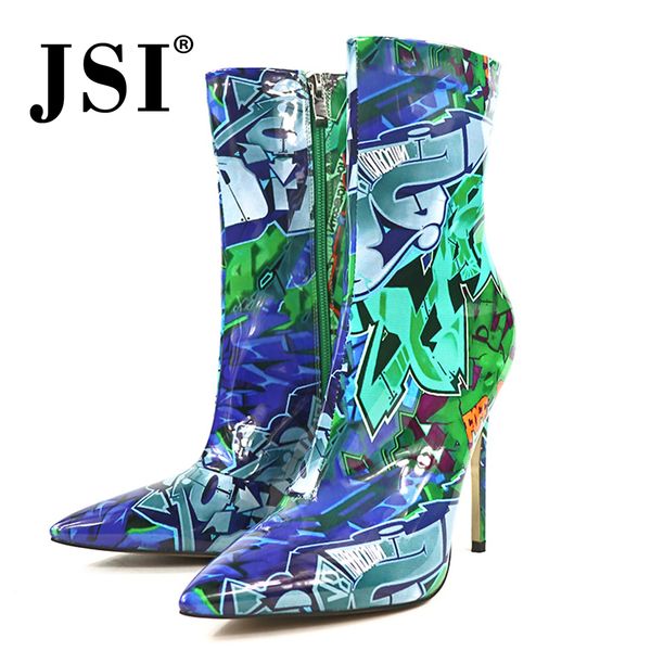 

jsi fashion totem microfiber women boots mixed colors print pointed toe slip-on super high heel thin heel basic boots women je6, Black