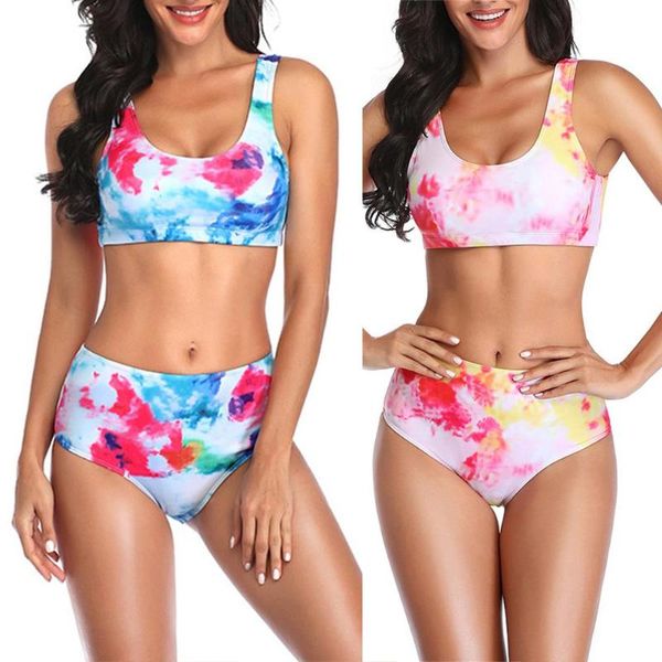 

women tie dye floral wireless padded strap bra high waist briefs bikini swimsuit