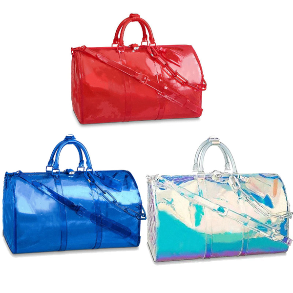 

2019 pattern classic luxury laser flash pvc designer handbags blue keepall 50cm transparent duffle bag brilliant colour luggage travel 059d#