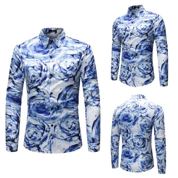 

slim fit men shirt casual painting print blusa male business long sleeve big size 4xl streetwear novelty 2020 flower shirts, White;black