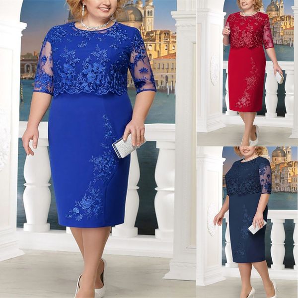 

feitong 2019 plus size women lace short sleeve midi dress ladies evening party dress new arrival, Black;gray