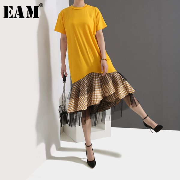 

eam] 2019 new spring summer round neck short sleeve yellow hem plaid ruffles mesh stitch loose dress women fashion tide jr570, Black;gray