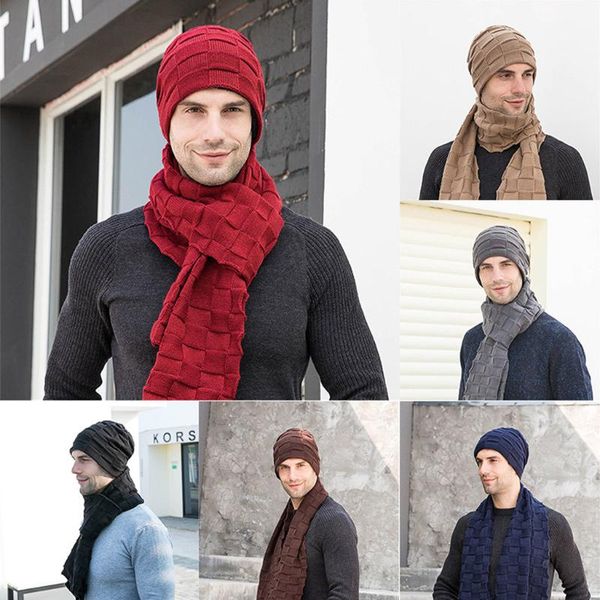 

2019 new men's winter gloves scarf hat three-piece set european fashion male knit plus velvet warm hat caps skullies beanies set, Blue;gray