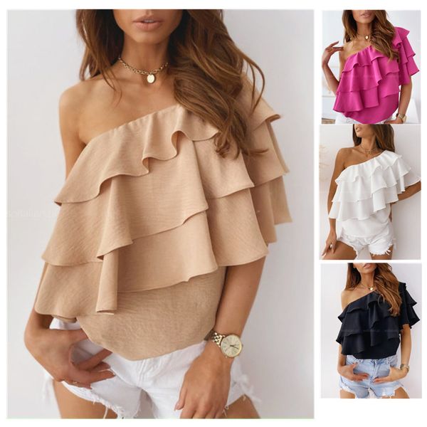 

2020 new diagonal shoulder ruffle wave blouse women fashion lotus leaf wave womens shirts solid skew collar, White