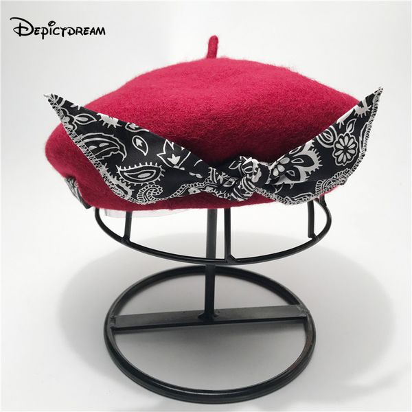 

2020 womens sweet bowknot silk ribbon solid warm wool winter beret french artist beanie hat ski pumpkin cap hat, Blue;gray