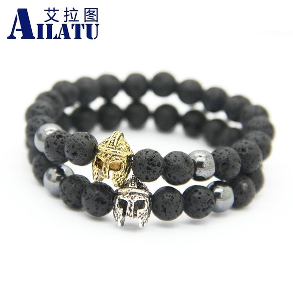 

ailatu new fashion natural stones spartan helmet bracelet for women lava stone beads men bracelet, Golden;silver