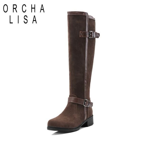 

orcha lisa plus size 44 women long knee high boots autumn winter buckle flock boots brown female booties botte botas femininas, Black