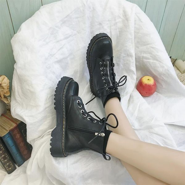 

ankle round toe med motorcycle boots women solid fashion lace up boots casual punk ladies shoes, Black