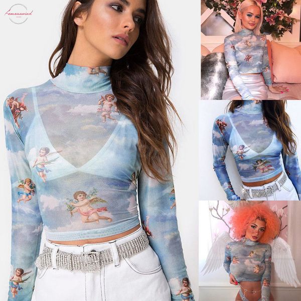 

local stock spring harajuku women see through sheer mesh angel print fishnet t shirt tee shirt female, White