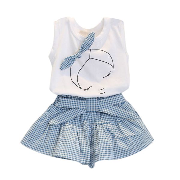 

summer baby girl clothing sets fashion cotton print sleeveless bow t-shirt and shorts girls clothes sport suits girls princess, White