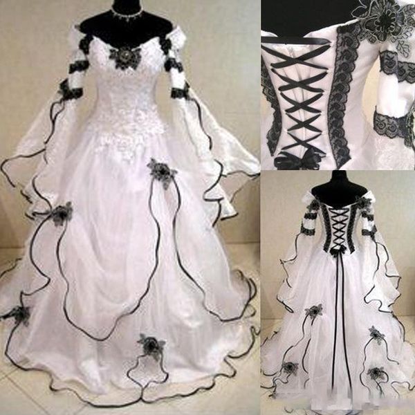 

Vintage Plus Size Gothic A Line Wedding Dresses With Long Sleeves Black Lace Corset Back Chapel Train Bridal Gowns For Garden Country
