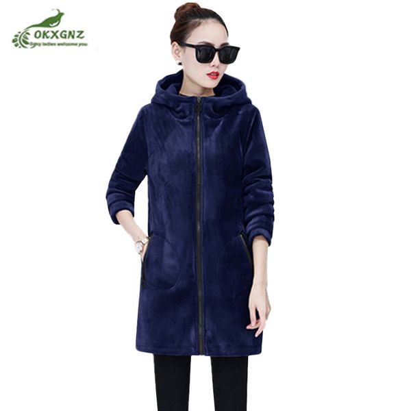

gold velvet hooded sweatshirt jacket autumn winter women's jacket2018 medium long warm casual coat plus velvet thick coat female, Black;brown
