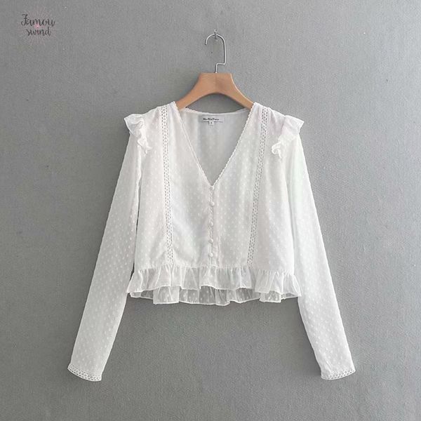 

sweet blouse chemise v neck lace patchwork chiffon shirt ladies pleated ruffles femininas blusas chic buttons women ls3217, White
