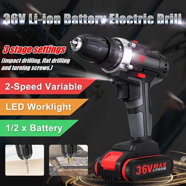 

rechargeable36v 5000mah 5~28nm 25-speed torque double-speed brushless cordless electric drill screwdriver led lighting w/battery