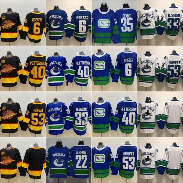 

50th Patch Vancouver Canucks 40 Elias Pettersson Jersey 53 Bo Horvat 22 Daniel Sedin 33 Henrik Sedin 6 Brock Boeser JT Miller Third 3rd Blue