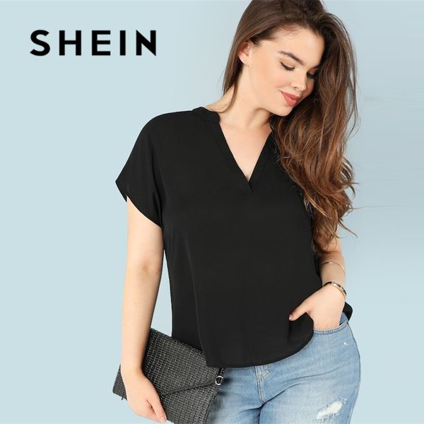 

shein plus size casual black v neck batwing sleeve asymmetrical dip hem blouse women spring short sleeve solid blouses, White