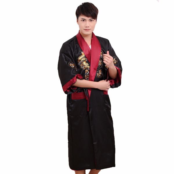 

two side embroidery dragon men satin kimono robe gown black red reversible bathrobe casual nightwear sleepwear with belt, Black;brown