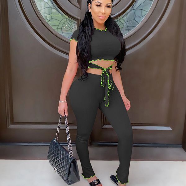 

bandage two piece set women crop long pants sets summer hollow out tracksuits fitness 2020 casual matching set, White