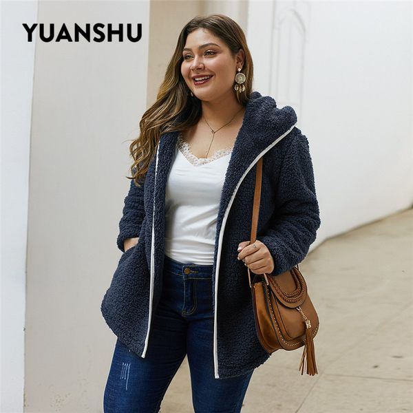 

yuanshu синий кардиган с капюшоном куртки женщины плюшевые теплая зима пальто твердые карманный негабаритные tops xl-4xl большие размеры жен, Black;brown