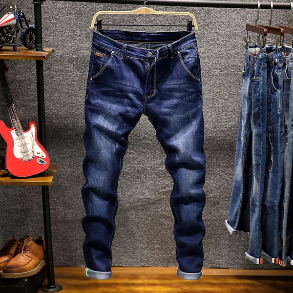 

men spring summer fashion korea style vintage denim straight jeans male slim fit casual pant colorful trousers multiple pockets, Blue