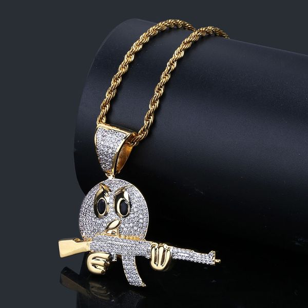 

emoji cartoon expression grip gun pendant necklace 18k gold plated bling cz simulated diamond hip hop rapper chain necklace for men women, Silver