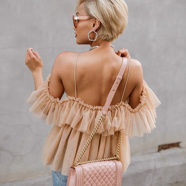 

designer blouse woman deep v neck backless vintage women summer blouse elegant ruffle shirt female mesh polyester blouse blusas, White