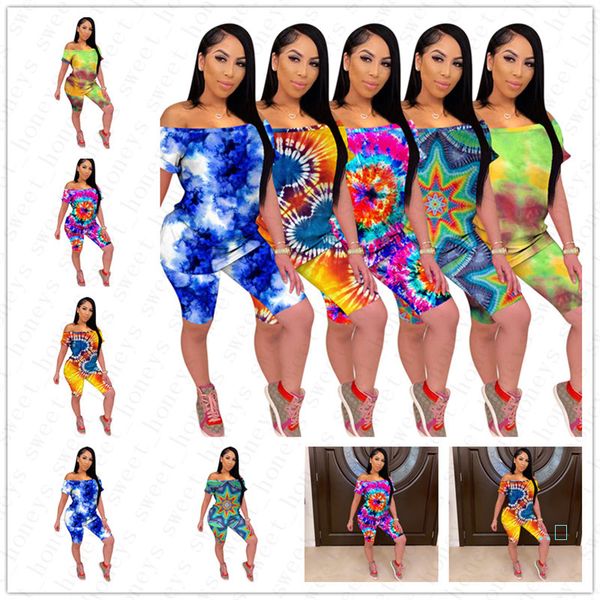 

summer women's clothing tie-dyed one shoulder short sleeved pullover +shorts 2 pieces set ladies casual outfits tracksuit s-xxl d5509, Gray