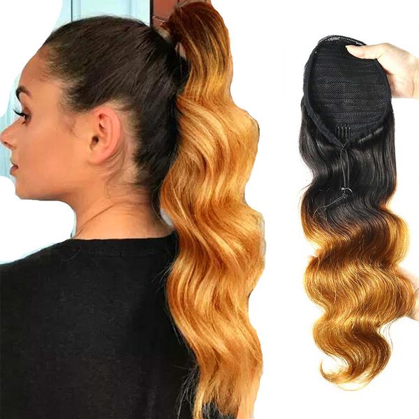 

raw virgin ombre two tone 1b/30# ponytail human hair extensions wraps drawstring ponytail hairpiece with magic tape comb, Black
