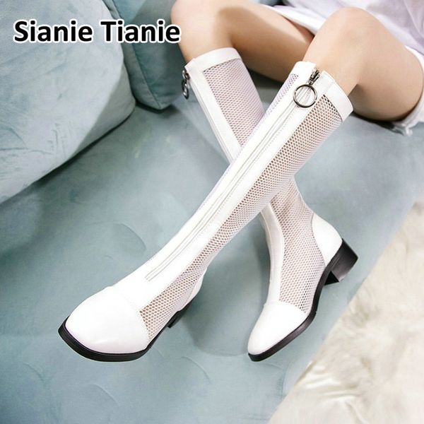 

sianie tianie 2020 summer new air mesh net breathable zipper front women boots woman shoes hallow cut out female knee-high boots, Black