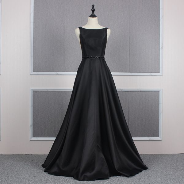 

бисера атласная длинные вечерние платья с карманами 2020 backless пром платья черный совок шеи платье партии, Black;red