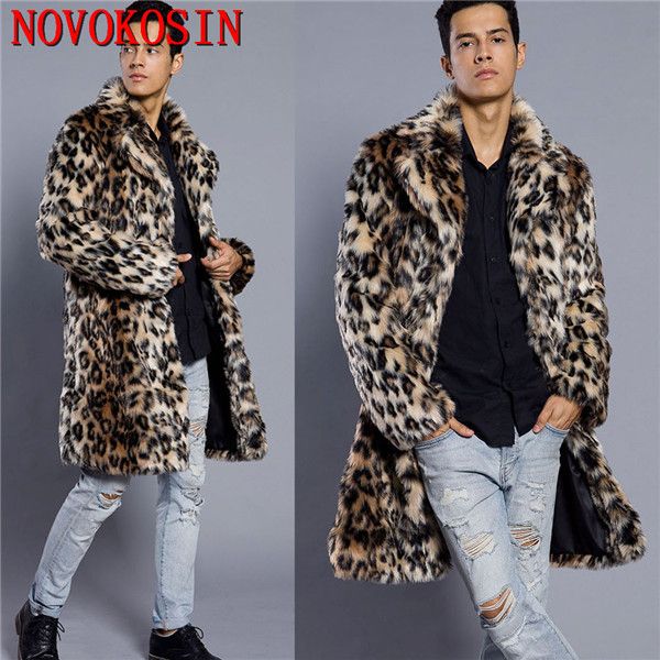 

3xl 2018 new fashion men faux fur suit neck cardigan thick long fur trench winter warm plus size open stitch leopard plush coat, Tan;black