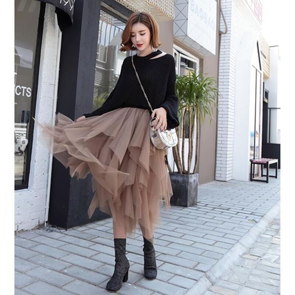 

elastic high waist long tulle skirt women irregular hem mesh tutu skirt lolita 2020 spring party ladies faldas saia midi, Black