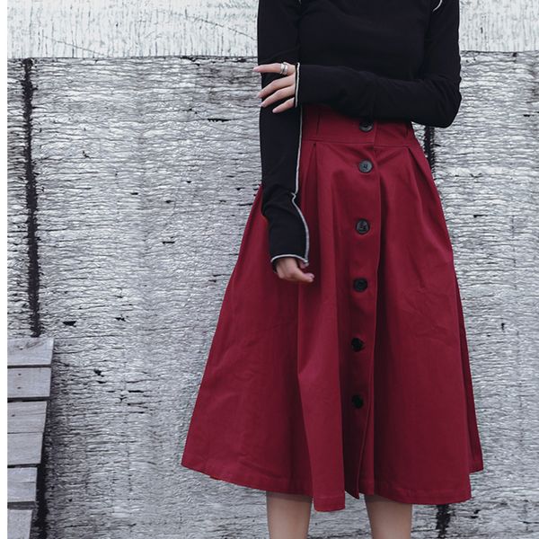 

2020 new spring women clothing high waist buttons wine red a-line wide leggs halfbody skirt v754, Black