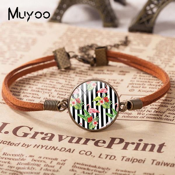 

2019 new flamingo with plants leather bracelet flamingos bracelets glass dome jewelry birds leather bracelets, Black