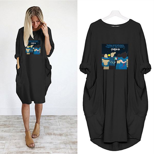 

new ladies dress chinese refueling pattern printing long sleeve loose large size irregular bottoming dresseuropean and american, Black;gray