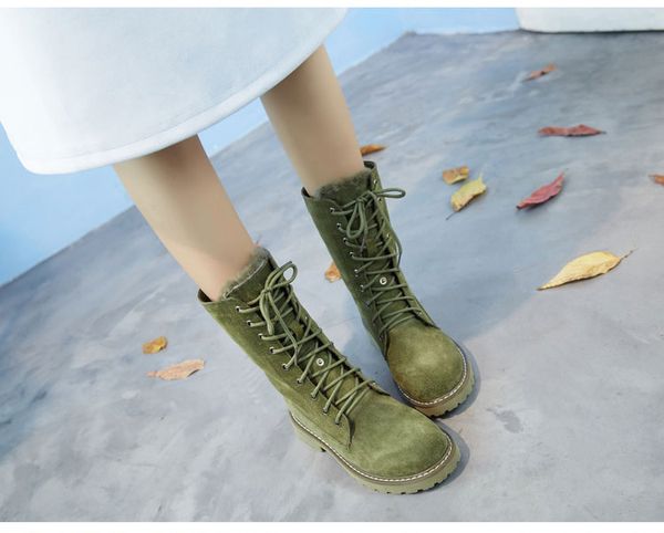 

winter new retro thick heel snow boots women soft bottom pigskin lace-up warm mid-calf short martin booties 3 color large size 35-40, Black