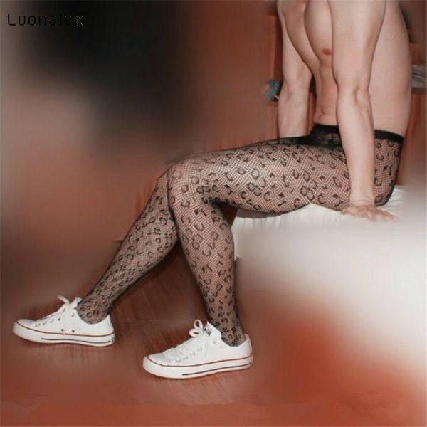 Luonalex leopardo sexy masculino fishnet meia-calça gay calças masculinas macacão fishnet meias reticularis dos homens meia-calça