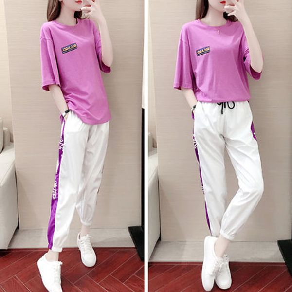 

women's short-sleeved sports suit summer clothes loose temperament casual two-piece suit sport running breathable, White;black